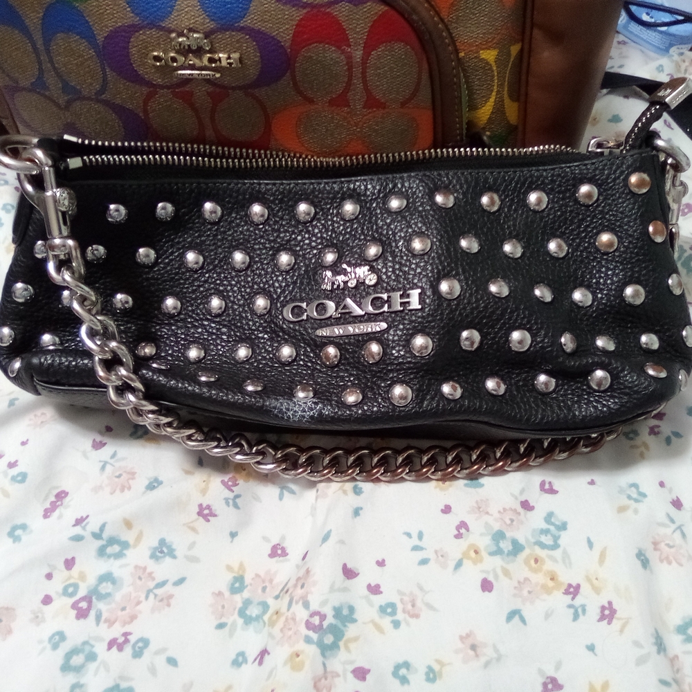 Coach Black Studded Wristlet with Silver Accents